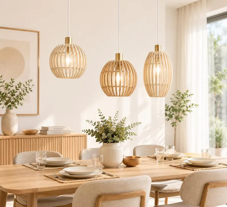 Bergen Triple Pendant Light | Scandinavian Wooden Ceiling Lamp Set