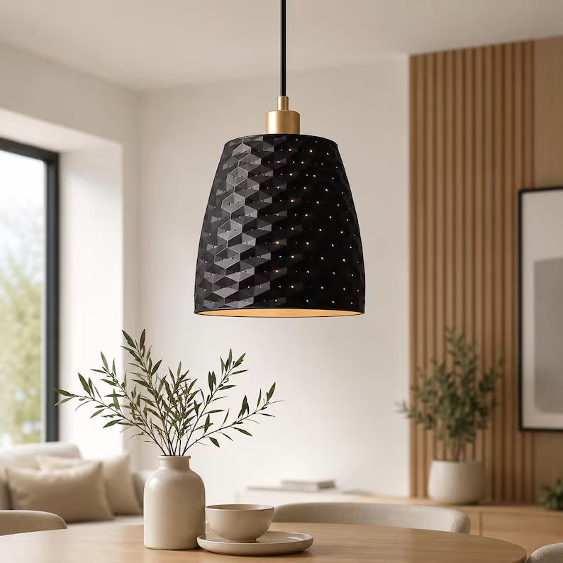 Onyx Pendant Light | Modern Geometric Nordic Hanging Lamp | Luxury Textured Pendant Light with Brass Accen