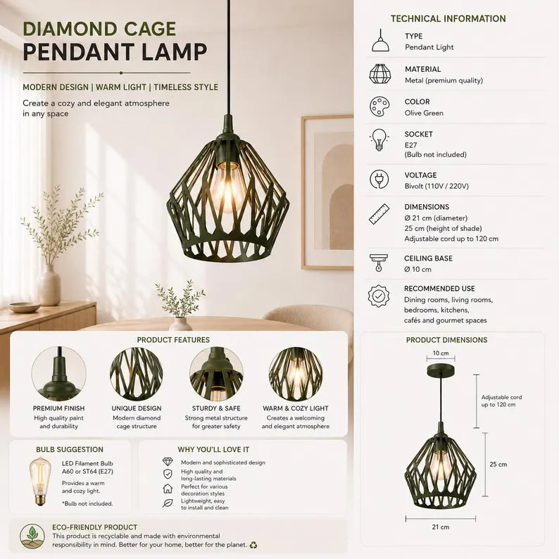 Atlas Pendant Light | Modern Geometric Industrial Pendant Lamp | Scandinavian Cage Pendant Light for Kitc