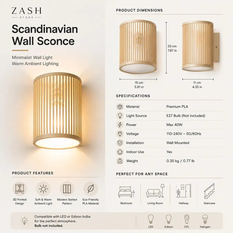 Lumi Wall Sconce | Scandinavian Wall Light Fixture | Modern PLA Wall Lamp | Japandi Wall Sconce | Minimalist Bedroom Light | Hallway