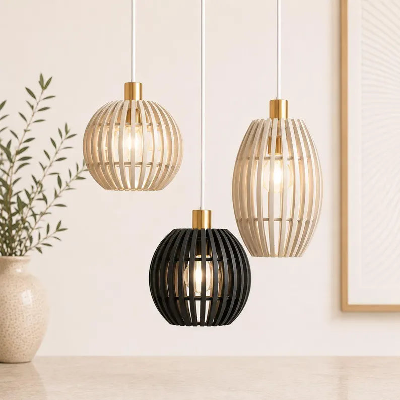 Bergen Triple Pendant Light | Scandinavian Wooden Ceiling Lamp Set