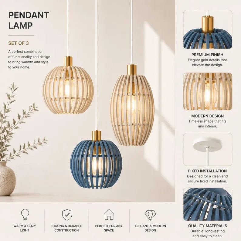 Bergen Triple Pendant Light | Scandinavian Wooden Ceiling Lamp Set