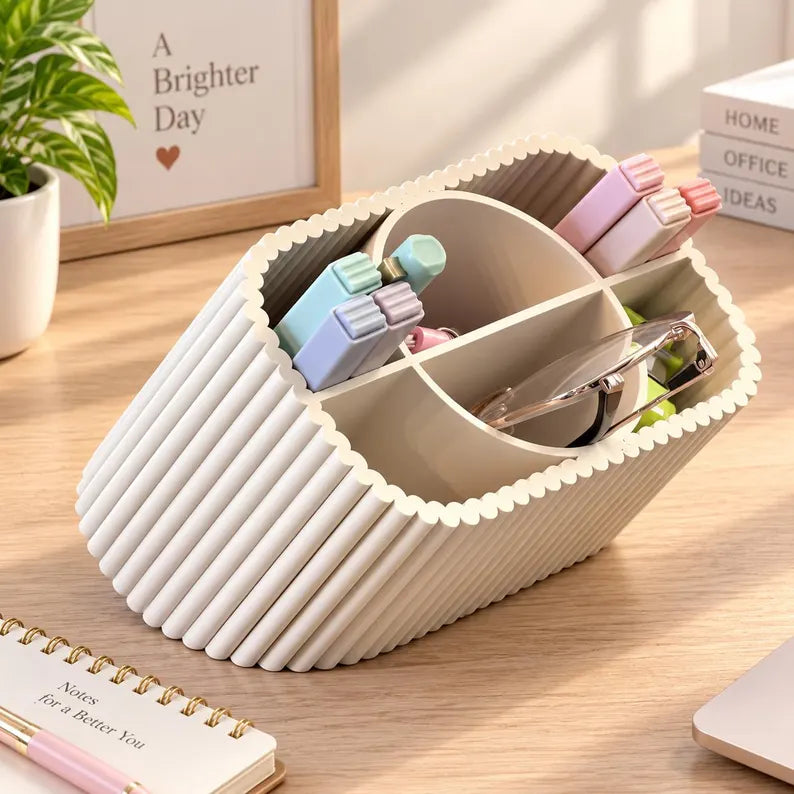 Organizador de mesa com bordas onduladas e nervuras, porta-canetas em PLA reciclado, decoração de escritório (4 compartimentos)