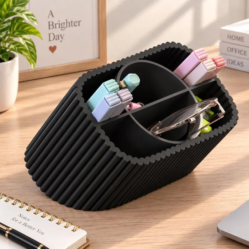 Organizador de mesa com bordas onduladas e nervuras, porta-canetas em PLA reciclado, decoração de escritório (4 compartimentos)